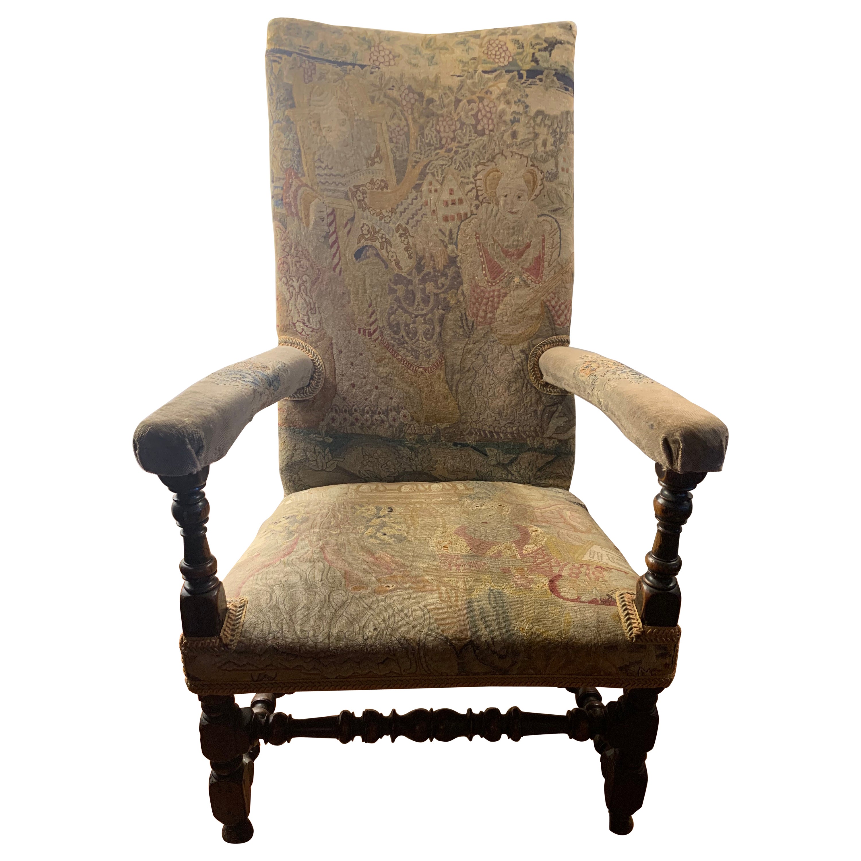 French Big Armchair, Walnut Wood + Decorated Fabric Petit Point