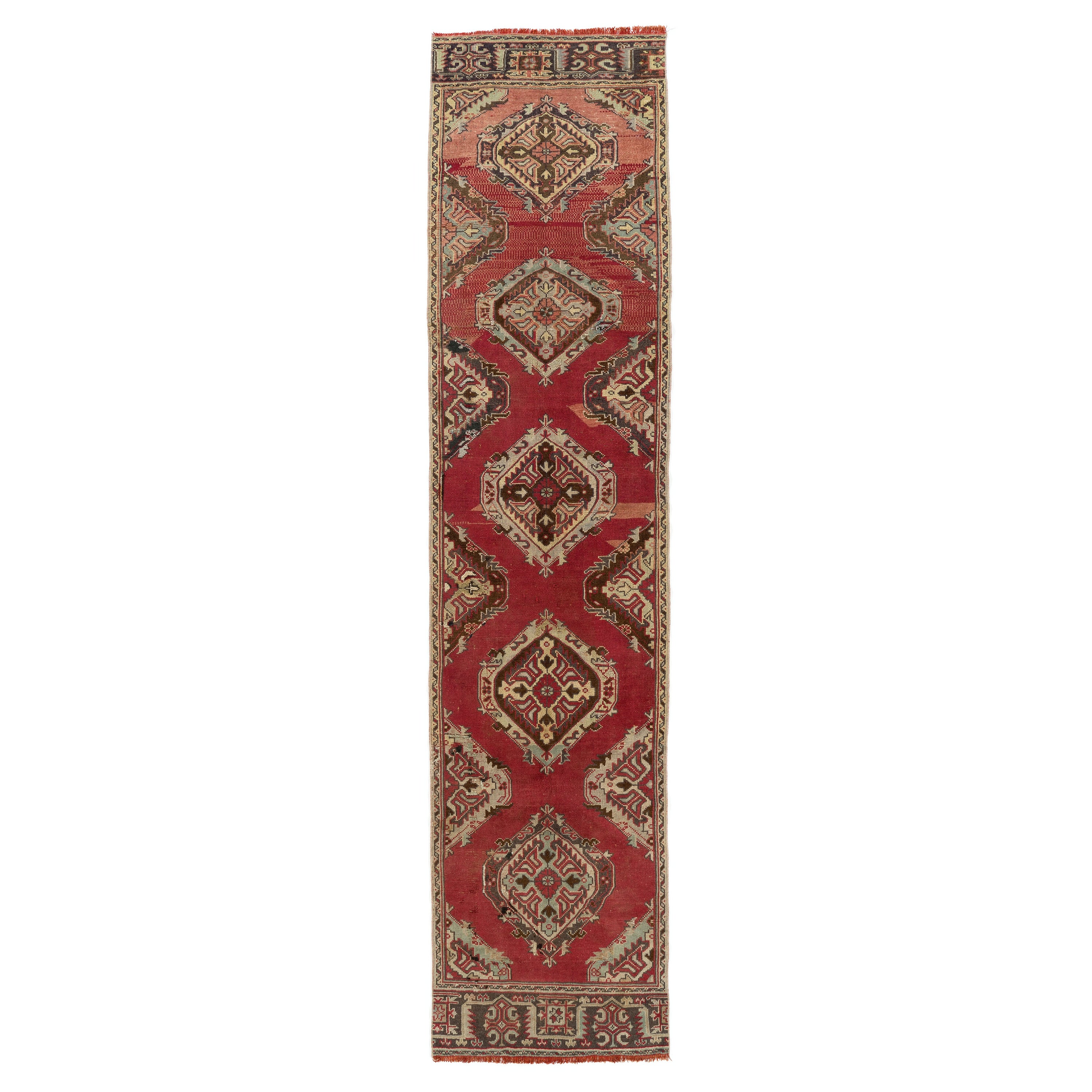 Vintage Turkish Handmade Hallway Runner in Brick Red, 100% Wool Rug For Sale
