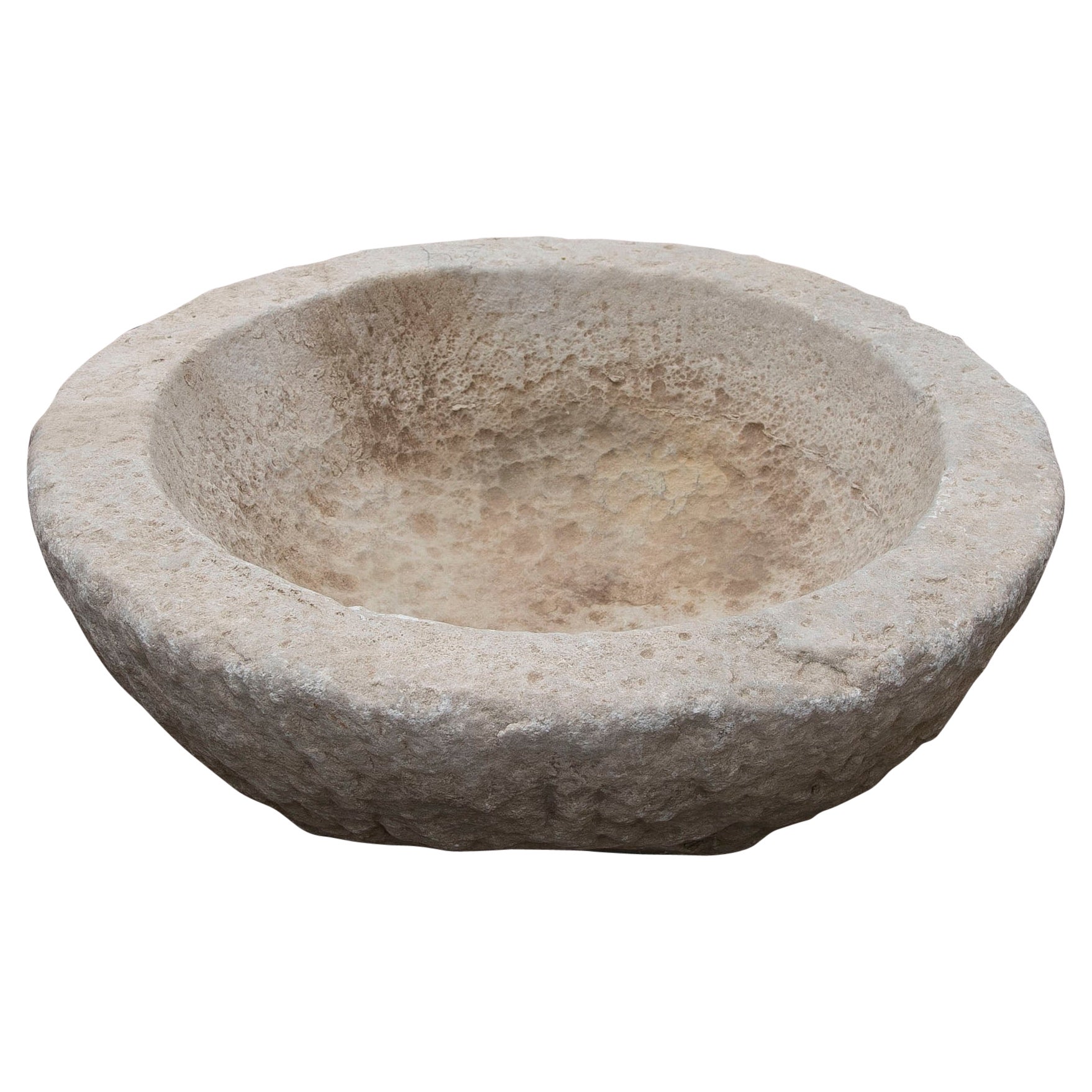 White Round Hand-Carved Marble Washbasin with One Sink in a Single Block For Sale