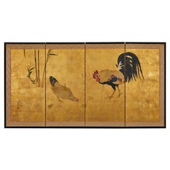 Japanese Four Panel Screen: Family of Chickens