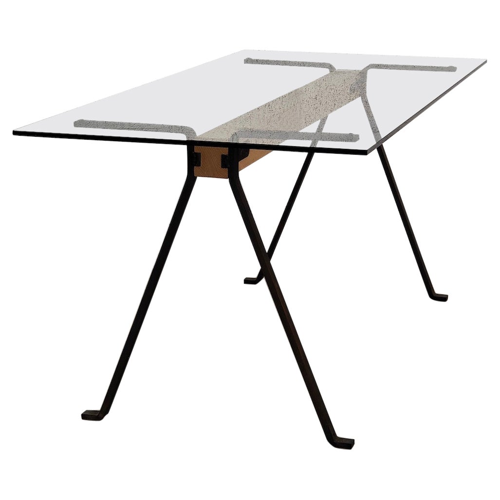 Frate Metal, Glass and Wooden Dining Table by Enzo Mari for Driade 70s