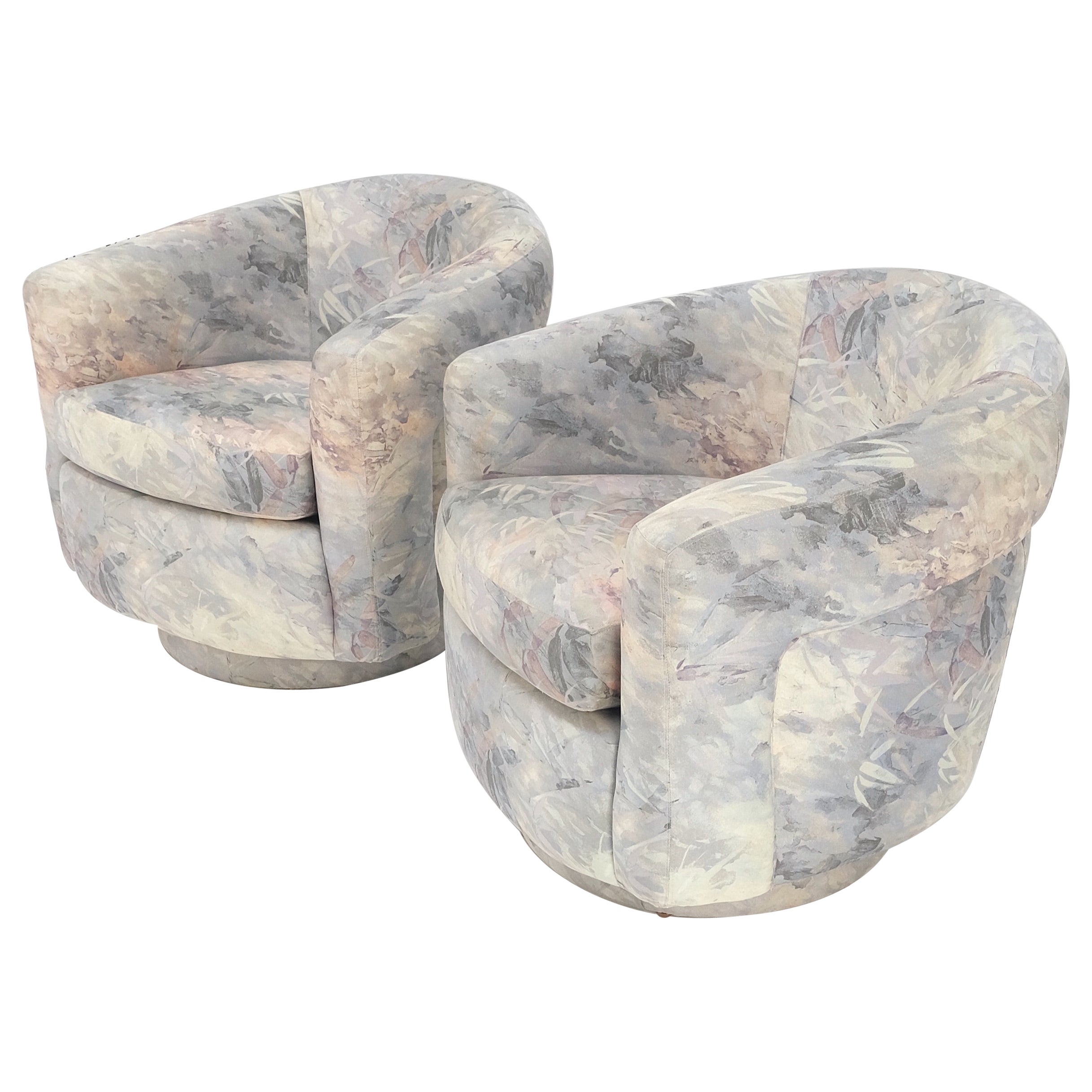 Pair Mid-Century Modern Milo Baughman Thayer Cogging Swivel Barrel Lounge Chairs For Sale