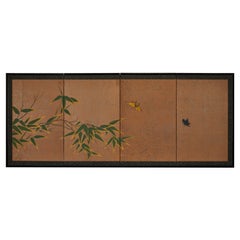 Japanese Four Panel Screen, Bamboo and Butterflies with Silver Dust