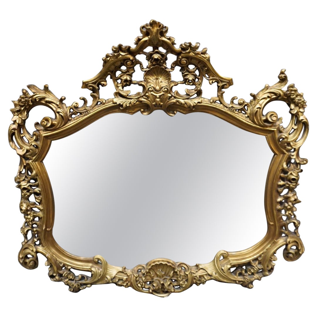 20th Century French Hand Carved Gilt Wood Wall Mirror in Rococo Style