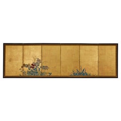 Antique Japanese Six Panel Screen: Rimpa Style Summer Flowers on Gold