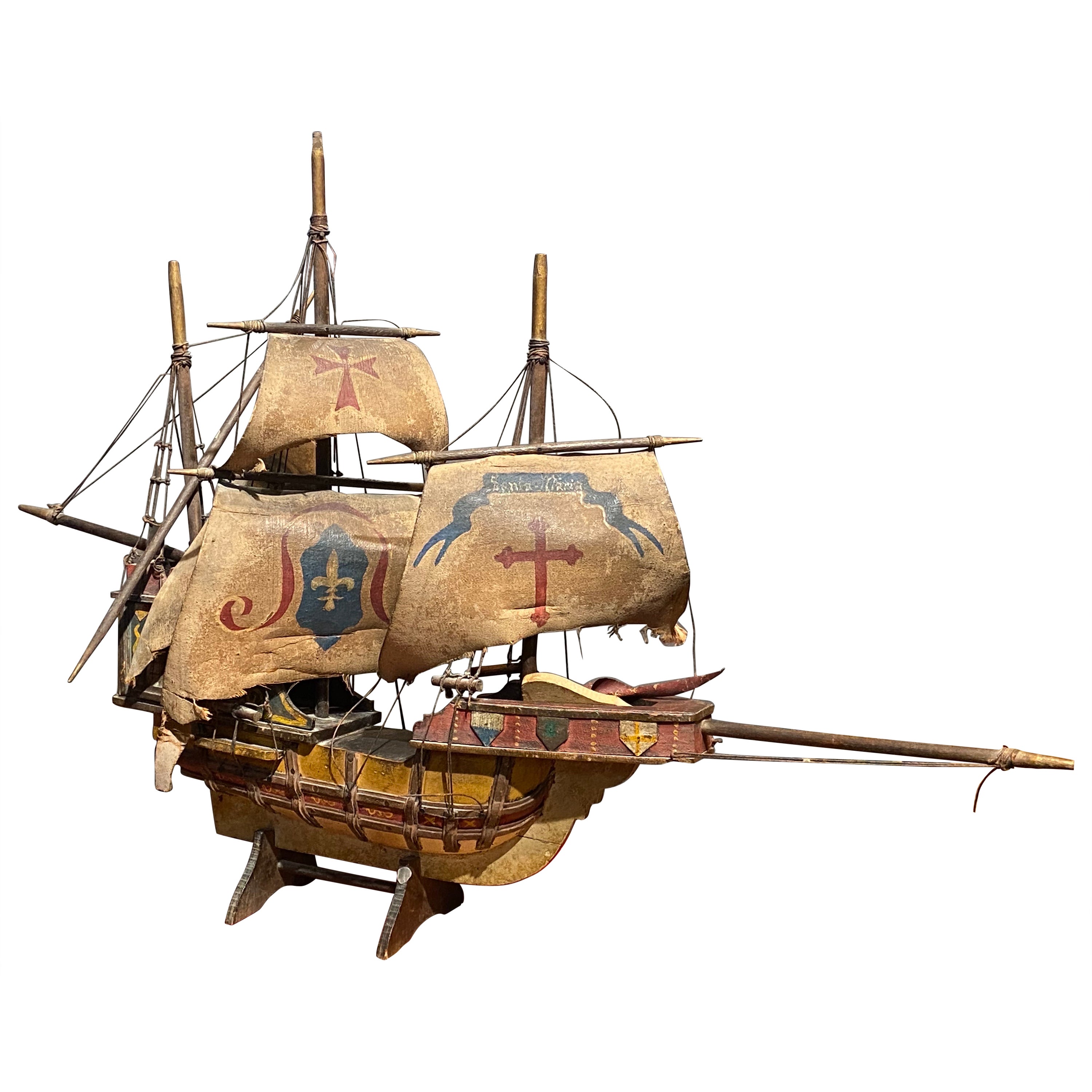 20th Century Wooden Hand Painted Caravel Ship Model with Leather Sails For Sale