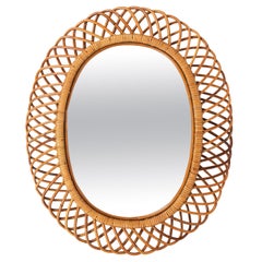 Midcentury French Riviera Rattan and Bamboo Oval Wall Mirror, Italy, 1960s