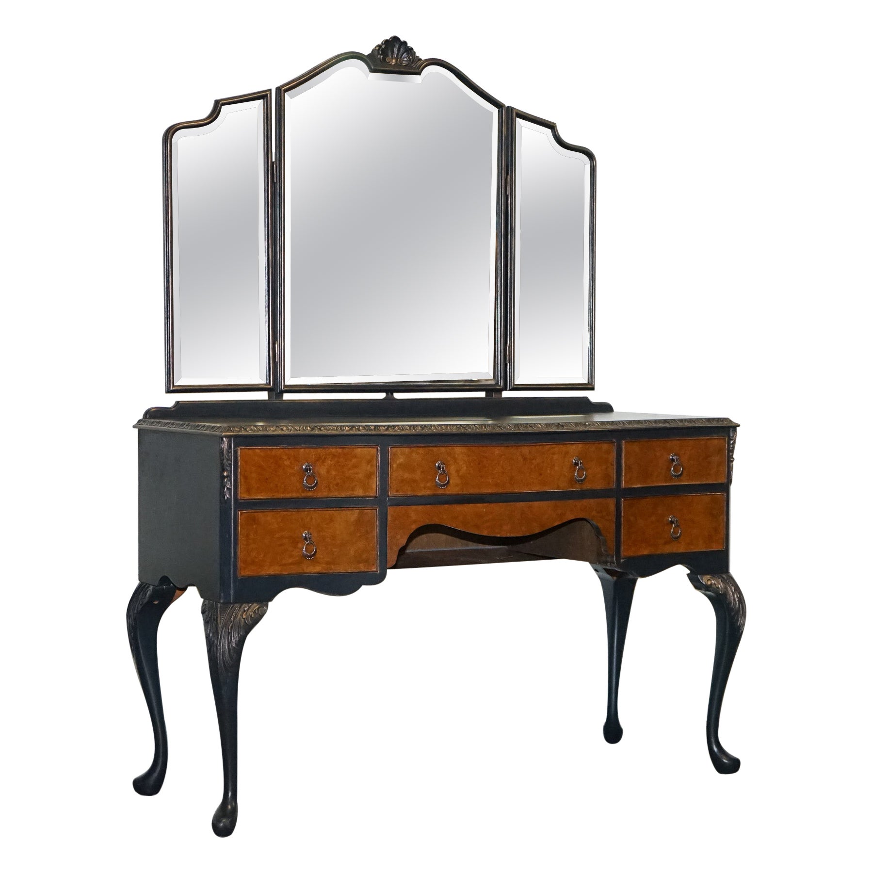 Hand Painted Carbon & Bronze Colour Dressing Table with Burr Walnut Drawers For Sale