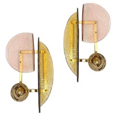 Contemporary Italian Pair of Organic Pink Amber Murano Glass Gold Brass Sconces
