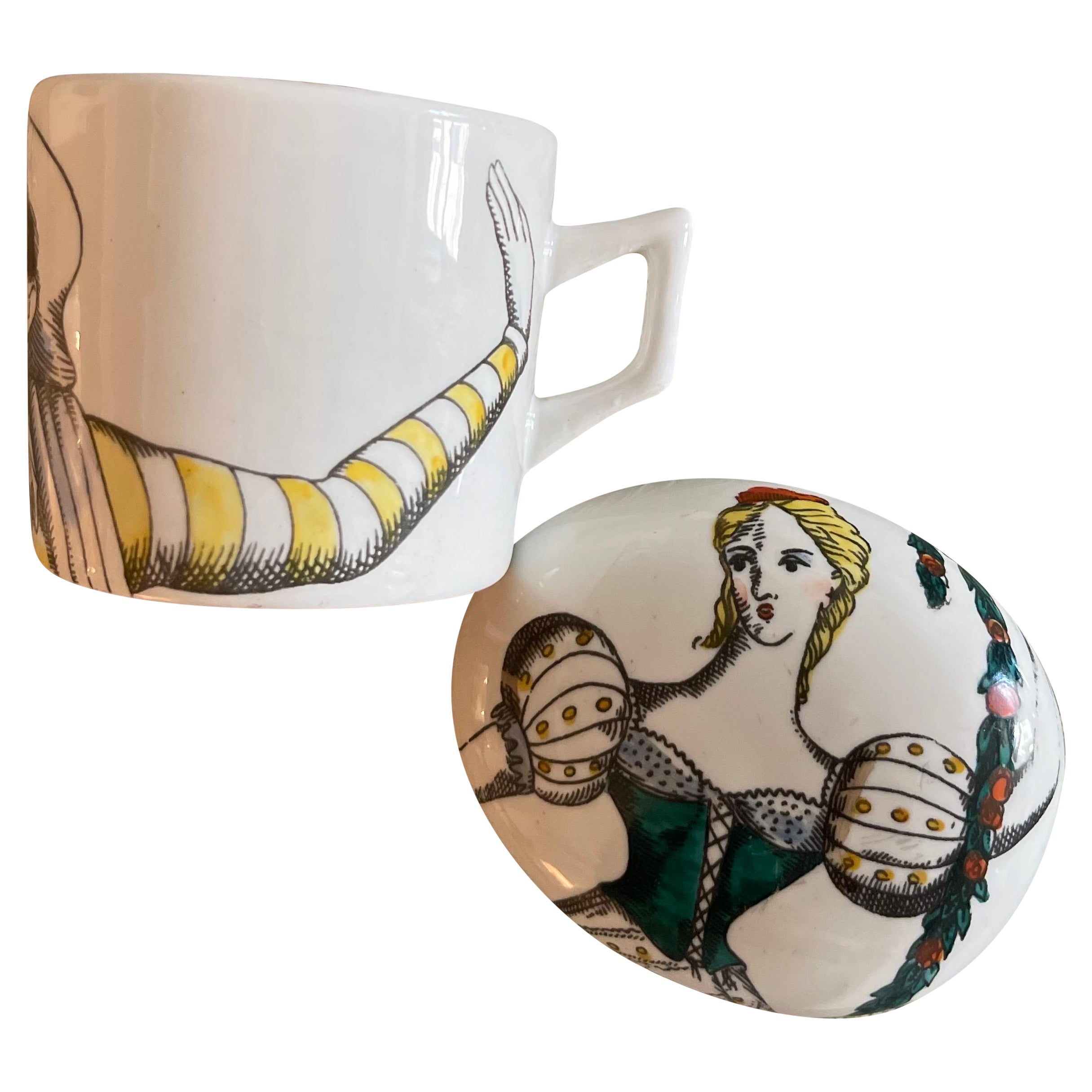 Fornasetti “Commedia” Ceramic Paperweight and Cup Pair For Sale