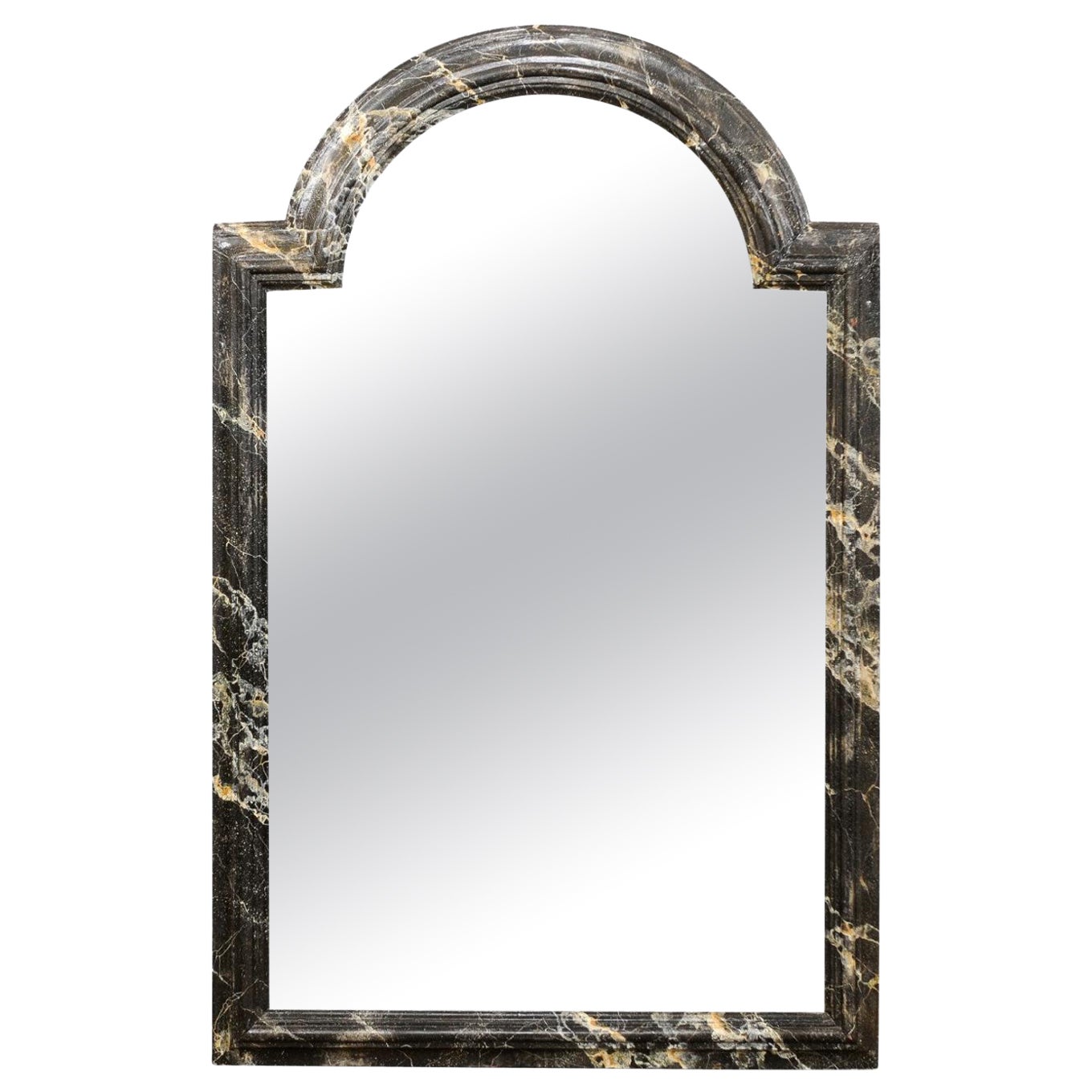 18th C. French Arch Crested Mirror w/Faux-Marbled Wood Surround