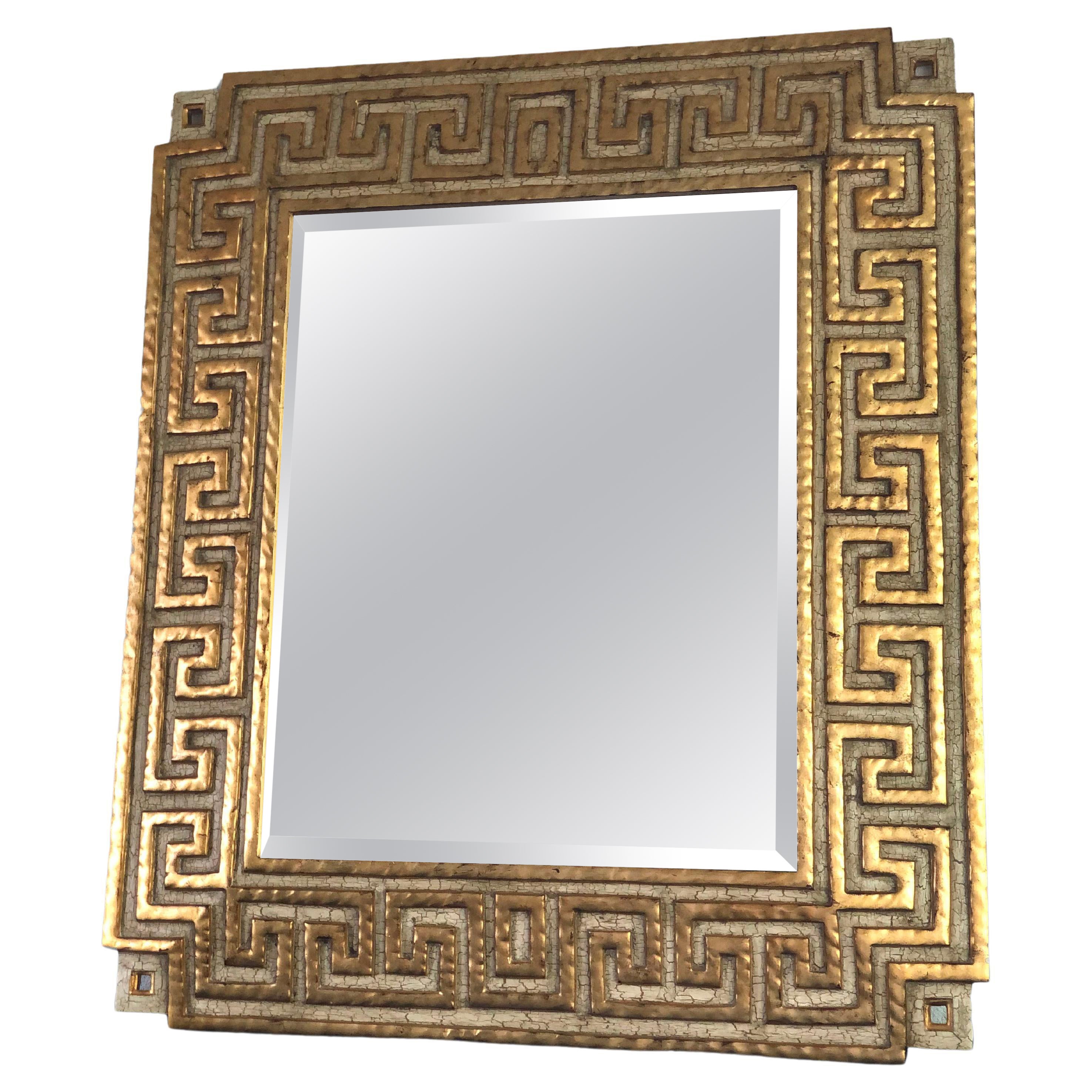 Harrison & Gil Design Giltwood Facet Cut Mirror with Meander Pattern For Sale