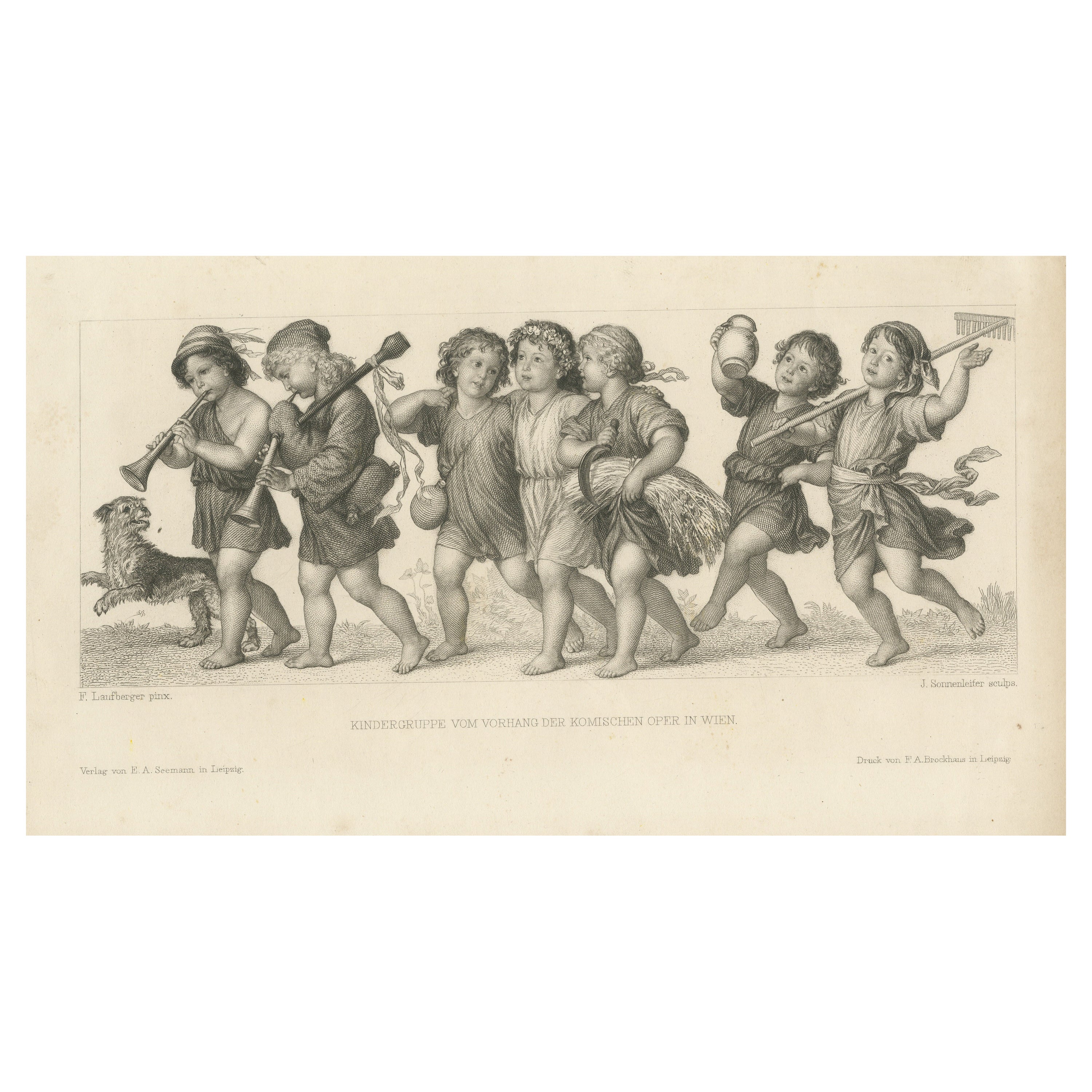 Antique Print of a Group of Children and a Dog For Sale