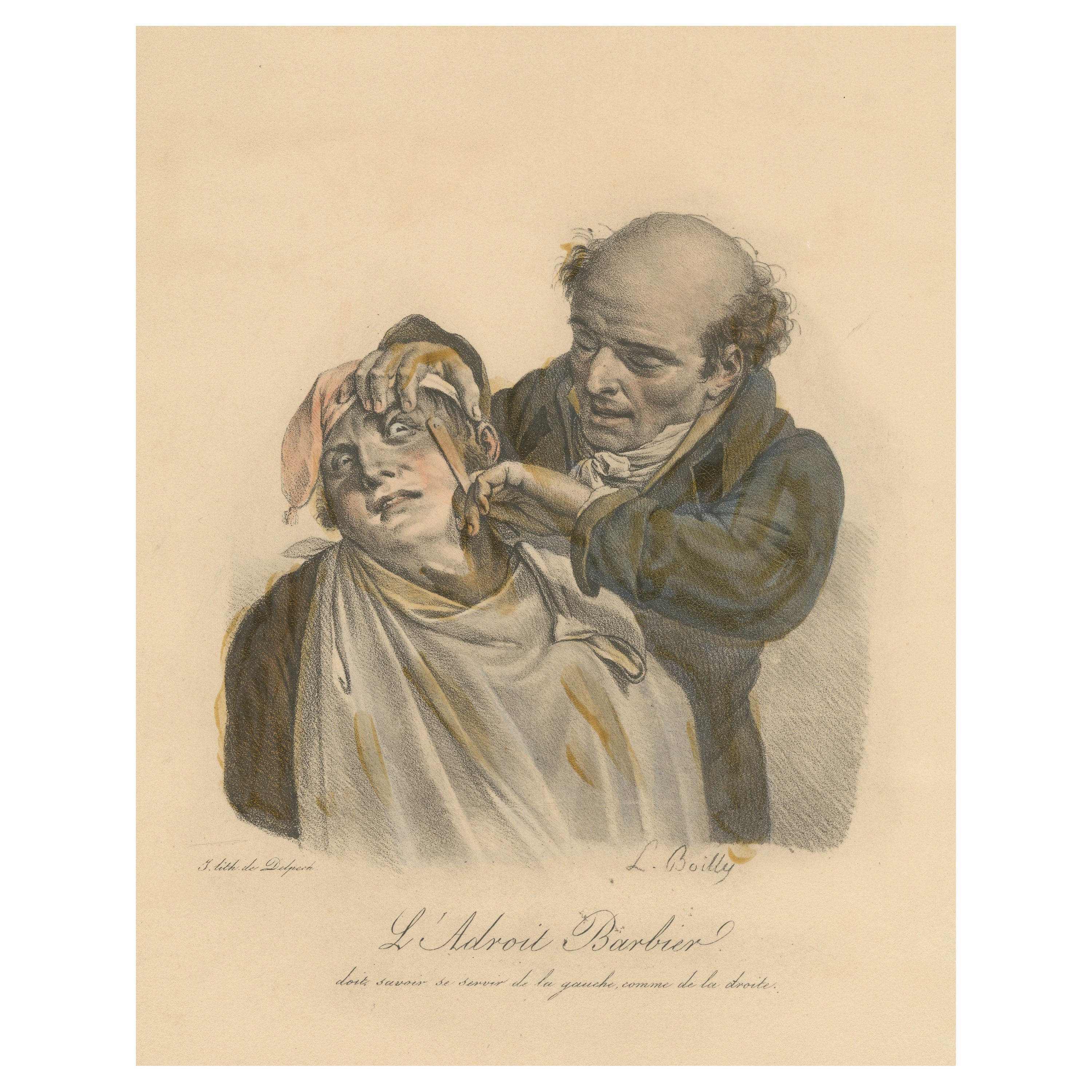 Antique Hand Colored Lithograph of a Barber For Sale