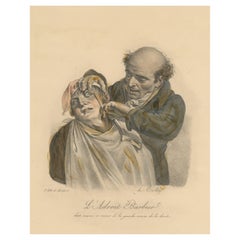 Antique Hand Colored Lithograph of a Barber