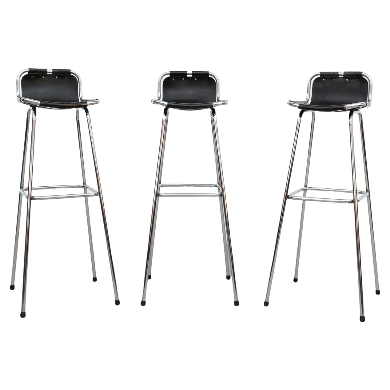 Set of 3 Charlotte Perriand Style Les Arcs Chrome and Black Leather Bar Stools For Sale