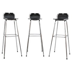 Set of 3 Charlotte Perriand Style Les Arcs Chrome and Black Leather Bar Stools
