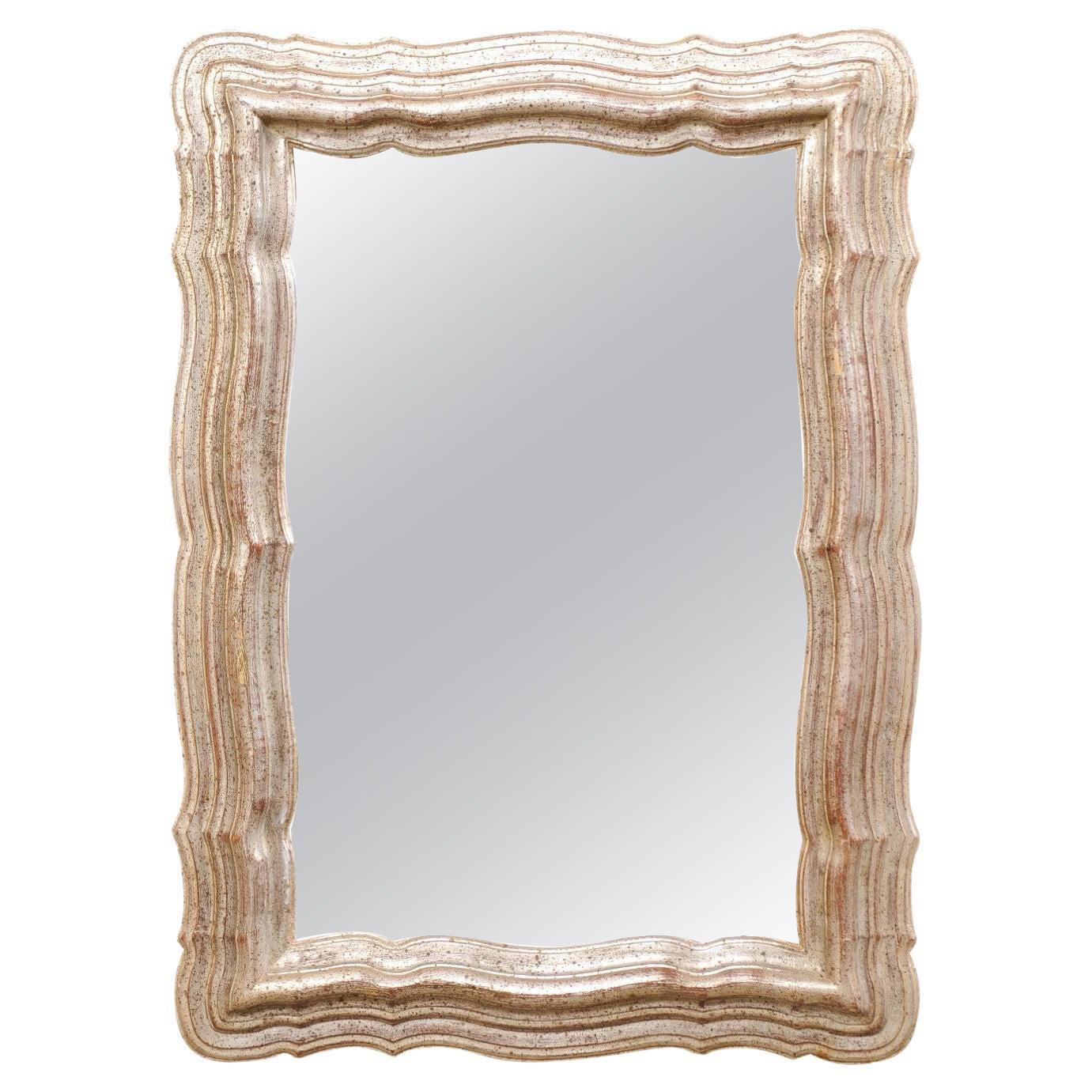 French Mirror with Antiqued-Silver Colored Scalloped Surround