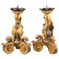 Pair of Baroque Candlesticks, Carved Wood with Gilt Plating, 18th Century, 1h211