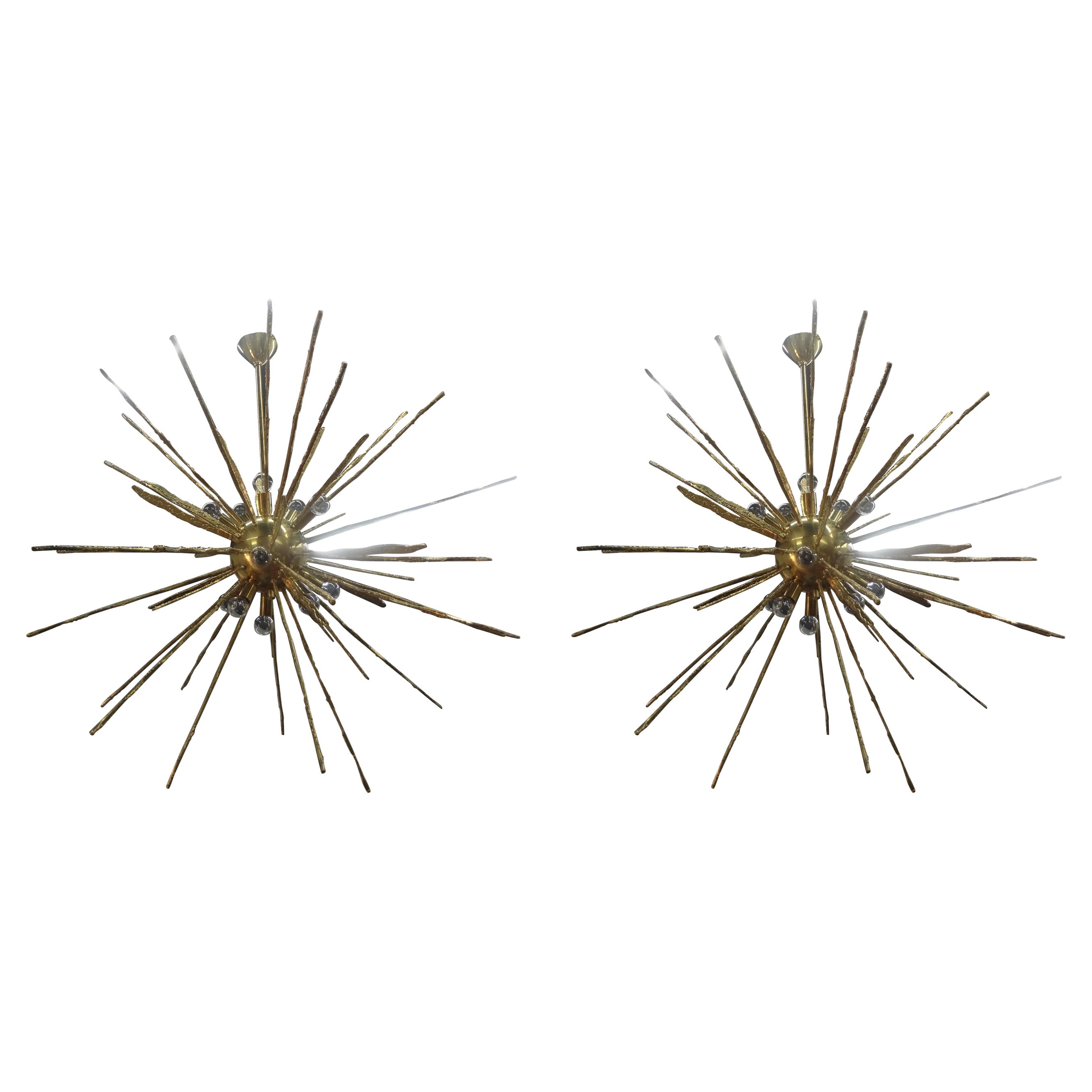 Monumental Pair of Italian Modern Hammered Brass Sputnik Chandeliers