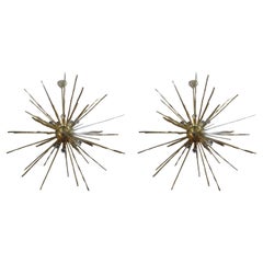 Monumental Pair of Italian Modern Hammered Brass Sputnik Chandeliers