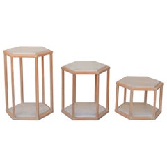 Series of 3 Vintage Coffee Tables in Travertine and Wood by Roche Bobois Edition