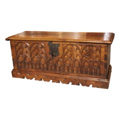 Antique French Carved Oak Gothic Style Blanket Chest or Trunk, Early to Mid 1900s