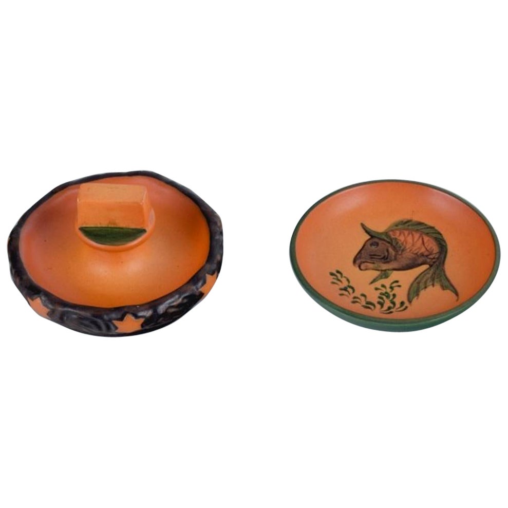 Ipsen's, Denmark, Two Small Bowls with Glaze in Orange-Green Shades