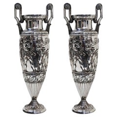 Paire de grands vases Wmf allemands en métal argenté, Jugendstil, Art nouveau, 1910