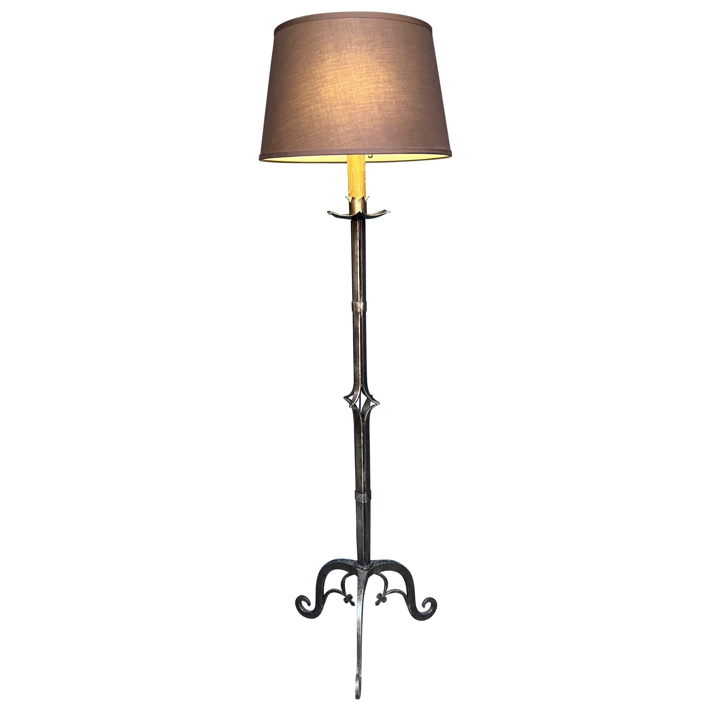 French 1950s Floor Lamp in Polished Iron For Sale