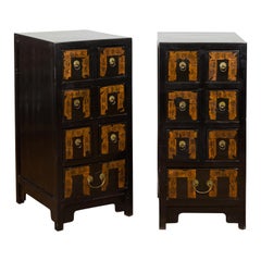 Pair of Qing Dynasty Black Lacquer Apothecary Cabinets with Calligraphy