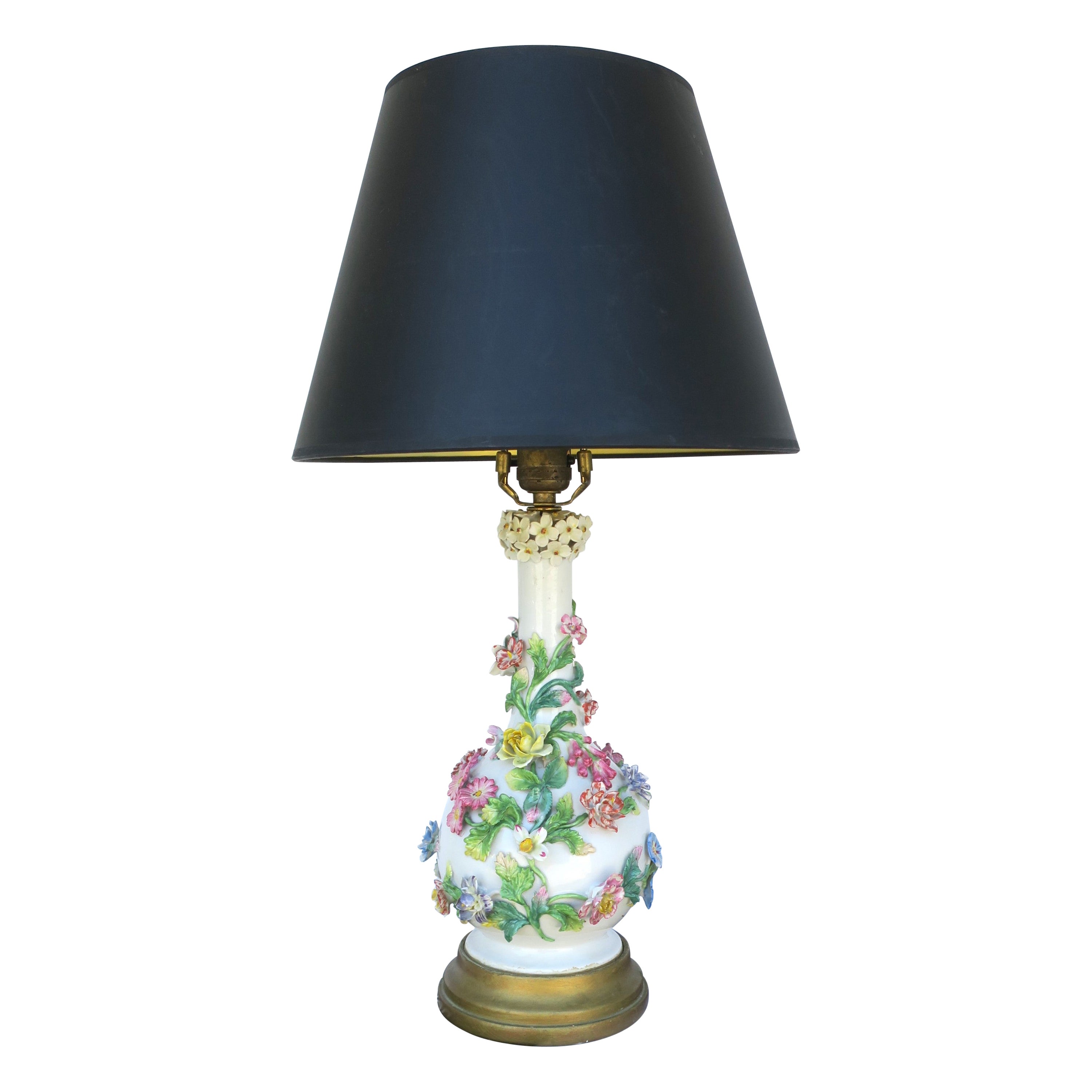 Italian White Porcelain Lamp with Colorful Flowers, Leaves & Vines Capo di Monte