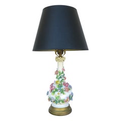 Italian White Porcelain Lamp with Colorful Flowers, Leaves and Vines