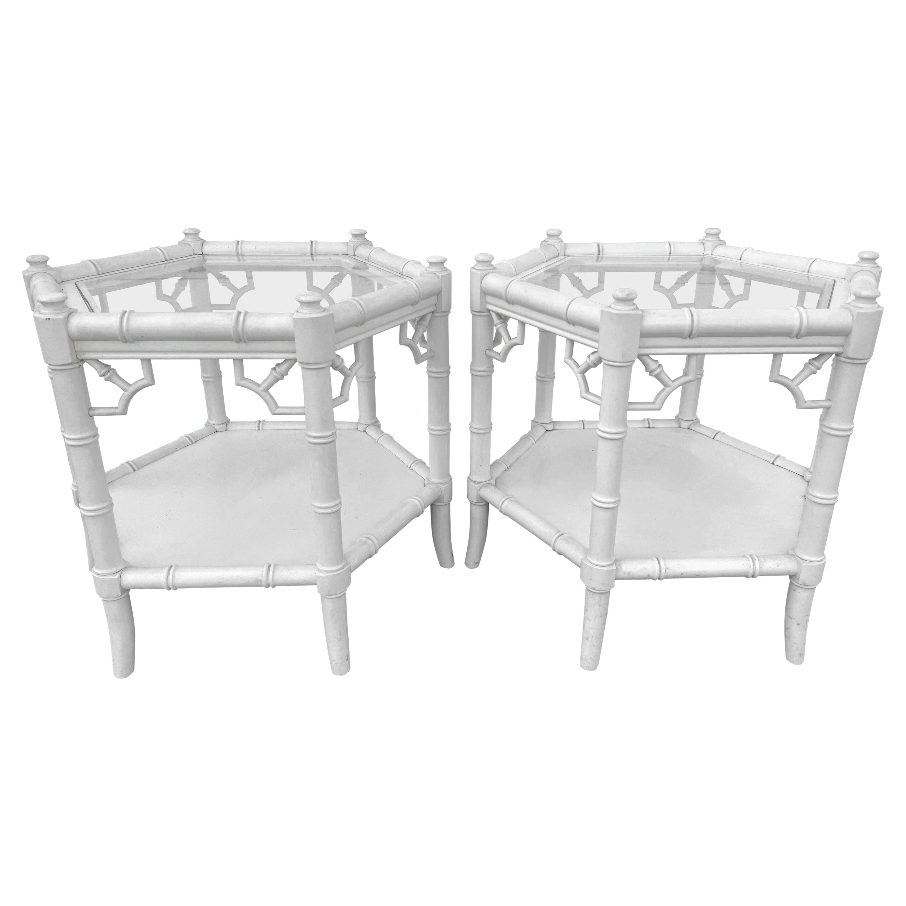Pair of White Faux Bamboo Octagonal Tables by Thomasville For Sale
