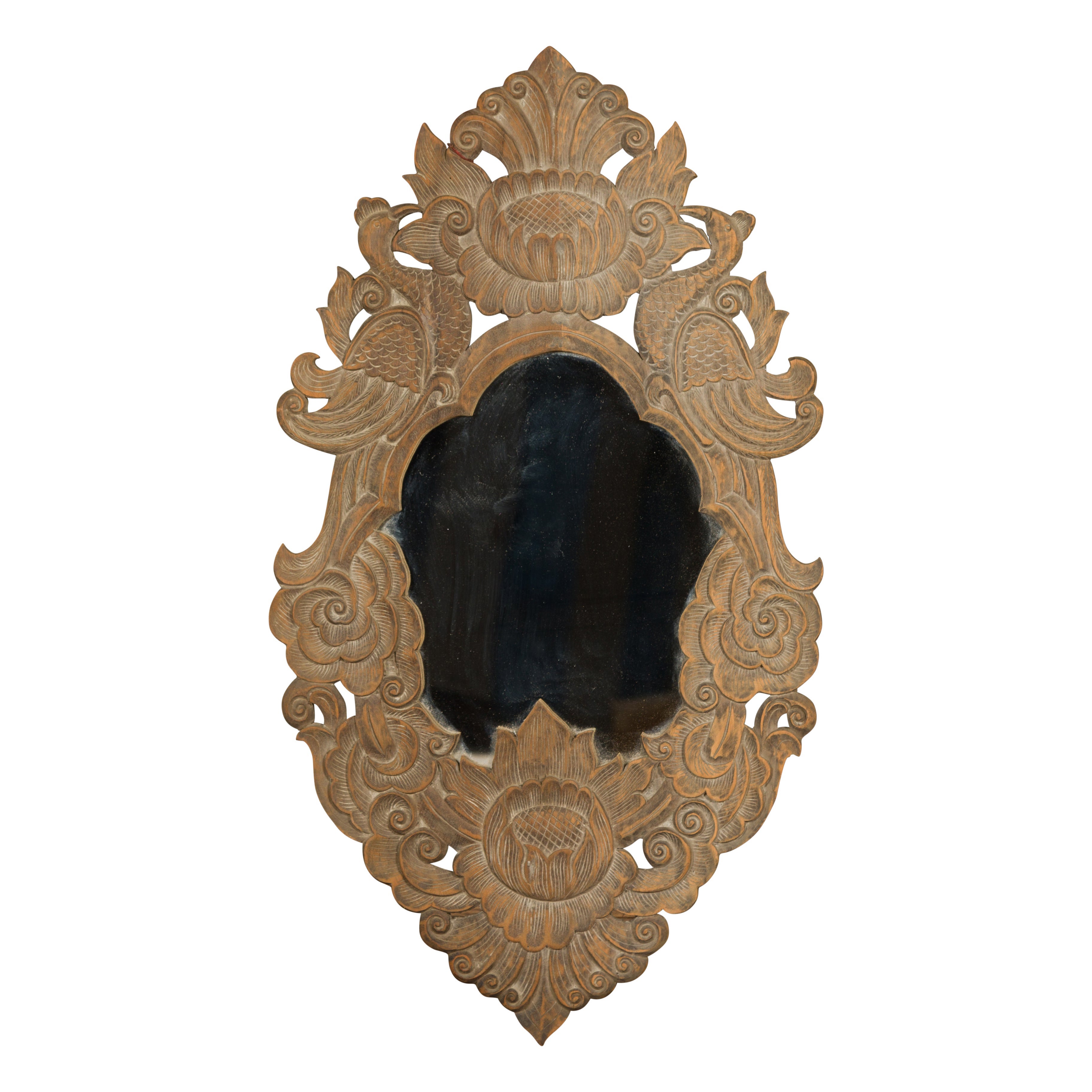 Miroir thaïlandais vintage en bois sculpté avec motifs d'oiseaux, de feuillages et de fleurs en vente