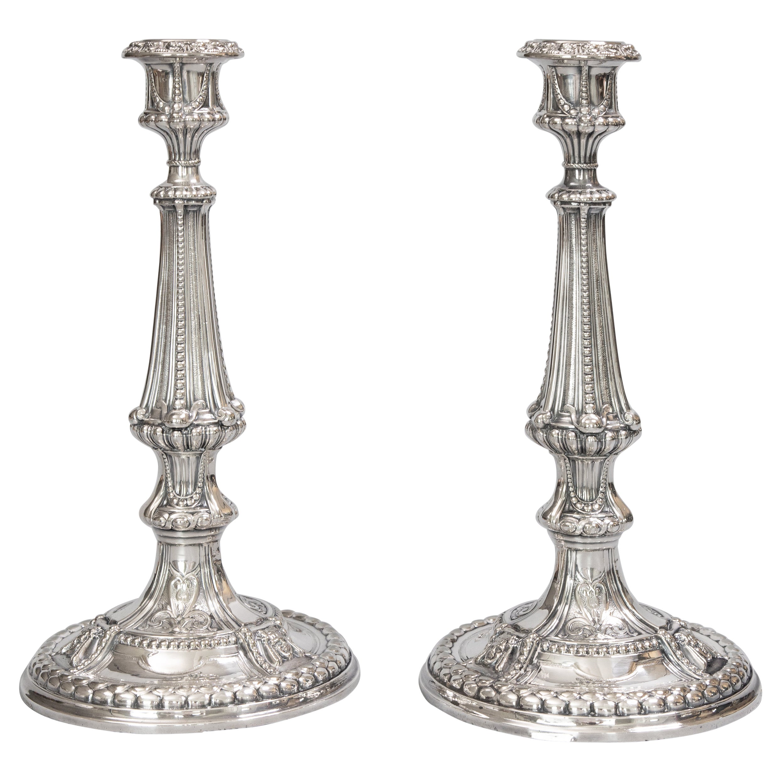 Pair of Antique English Elkington Neoclassical Silver Plate Candlesticks c. 1899 For Sale