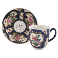 First Period Worcester Porcelain Fancy Birds Coffee Cup and Saucer, circa 1775