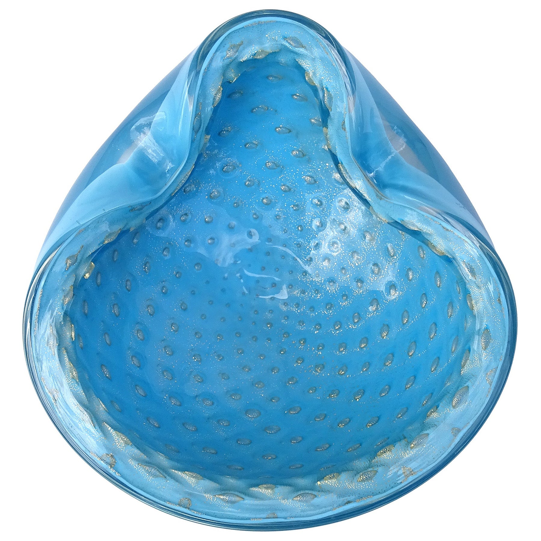 Barbini Murano Blue Gold Flecks Control Bubbles Italian Art Glass Bowl Ashtray