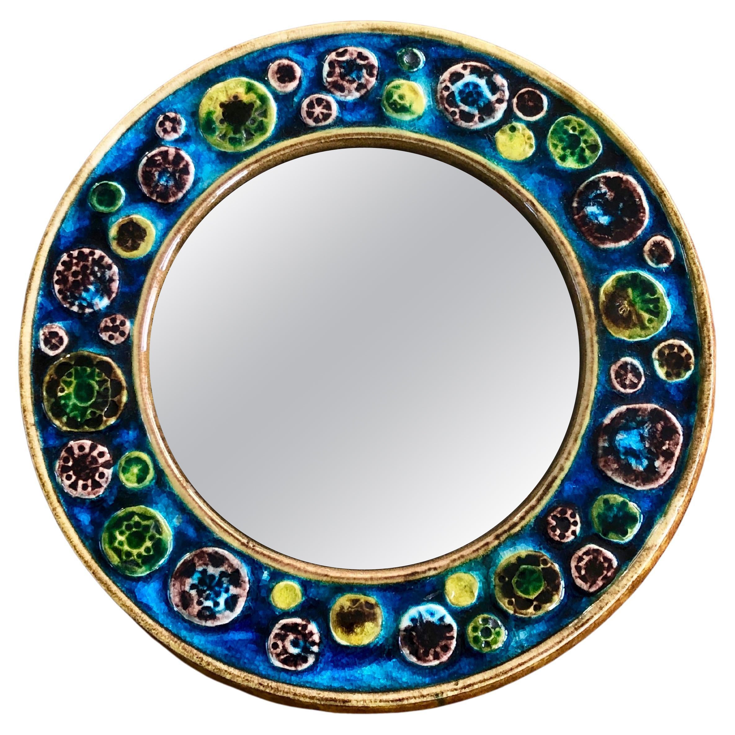 Round Ceramic Mirror Majolika Keramik Midcentury by Schramberg, Germany For Sale