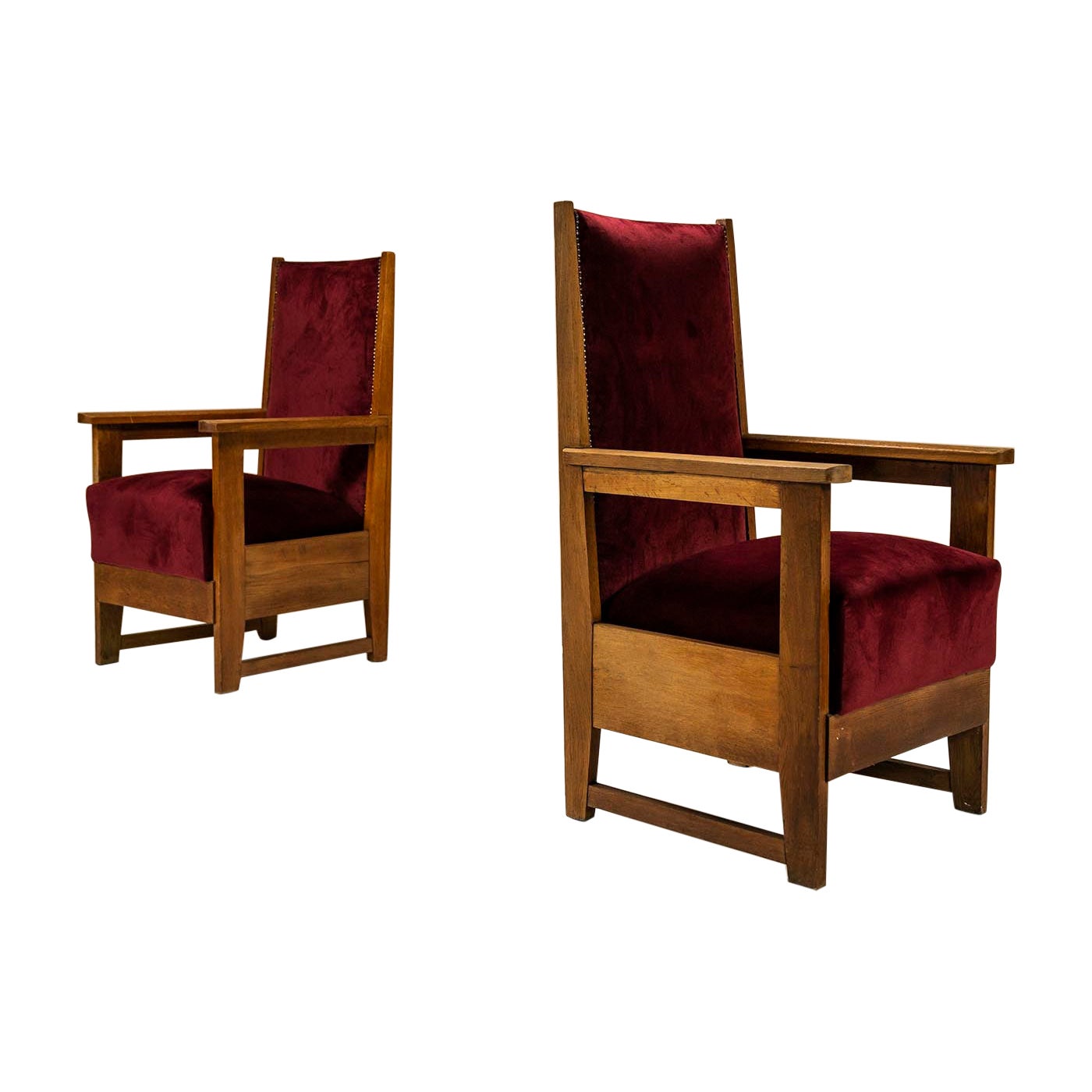 Two Amsterdam School High Back Chairs in Oak and Burgundy, Netherlands 1930s For Sale