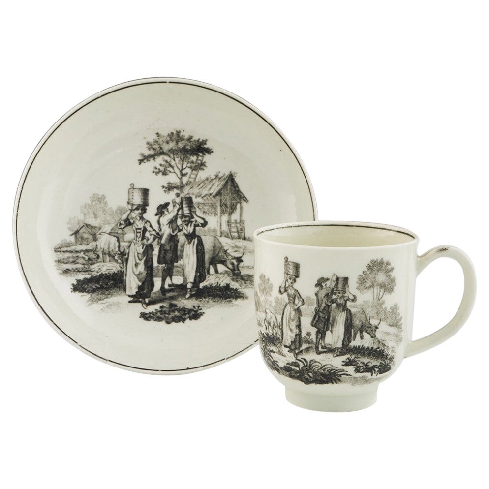 Worcester Porcelain Milkmaids Pattern Coffee Cup and Saucer, circa 1770 For Sale