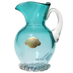 Vintage Barbini Murano Aqua Blue Gold Fleck Handle Italian Art Glass Pitcher Flower Vase