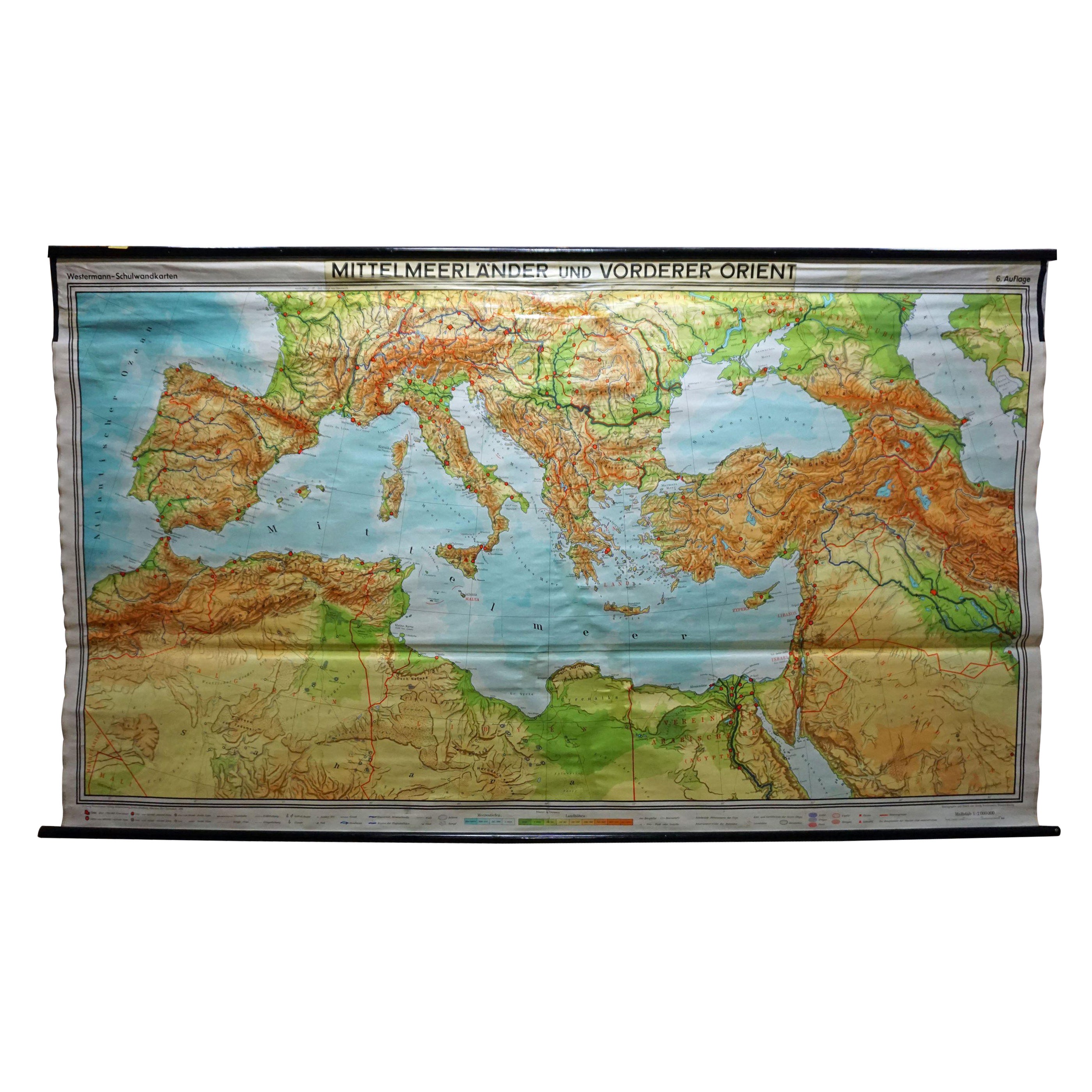 Vintage Mural Map Mediterranean Sea Near East Countries Rollable Wall Chart For Sale
