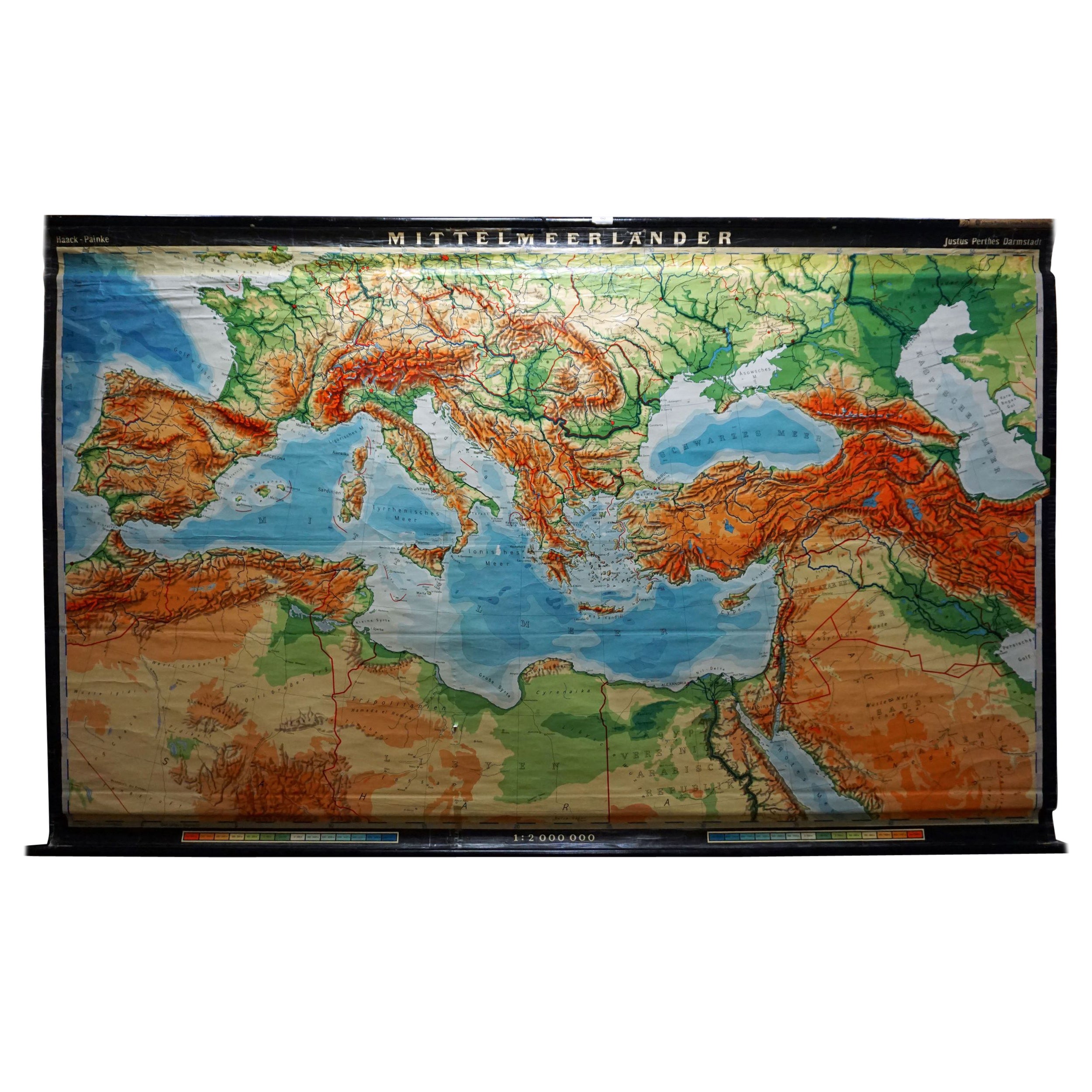 Vintage Rollable Map Mediterranean Countries Wall Chart Mural Poster For Sale