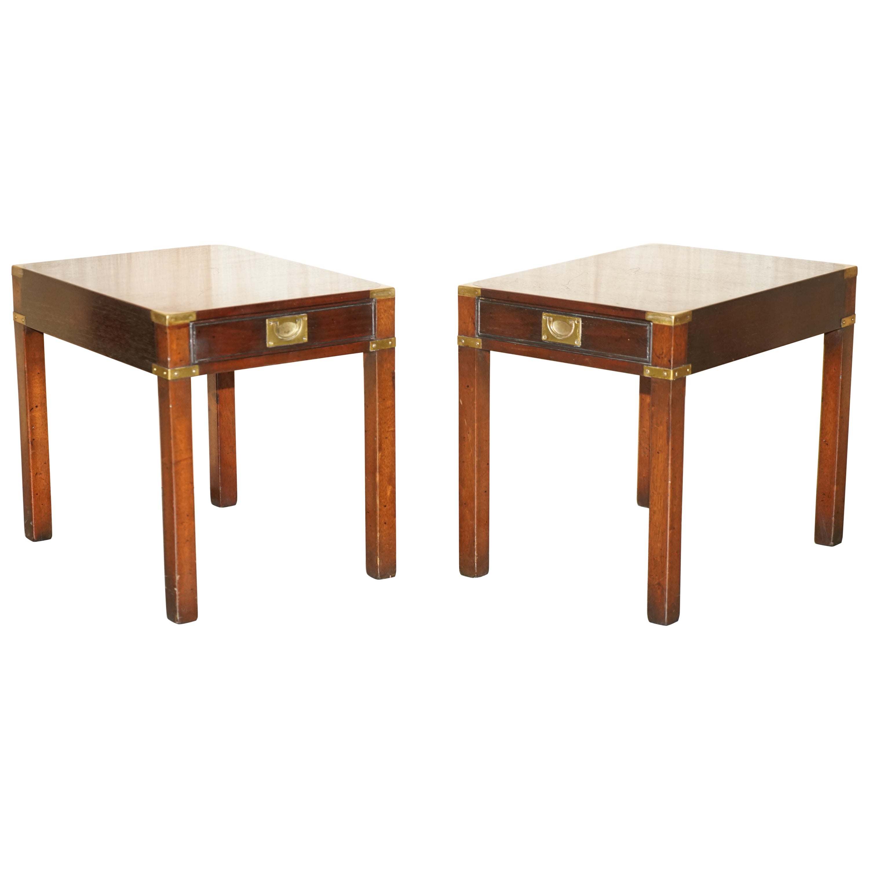 Pair of Restored Harrods Kennedy Hardwood Military Campaign Single Drawer Tables For Sale