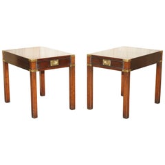 Antique Pair of Restored Harrods Kennedy Hardwood Military Campaign Single Drawer Tables