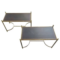 Rare Pair French Maison Jansen Side Sofa Tables Gilt Brass Leather 1950s Bagues