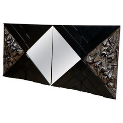 Large Italian 1970s Brutalist Wall Mirror with Sculptures
