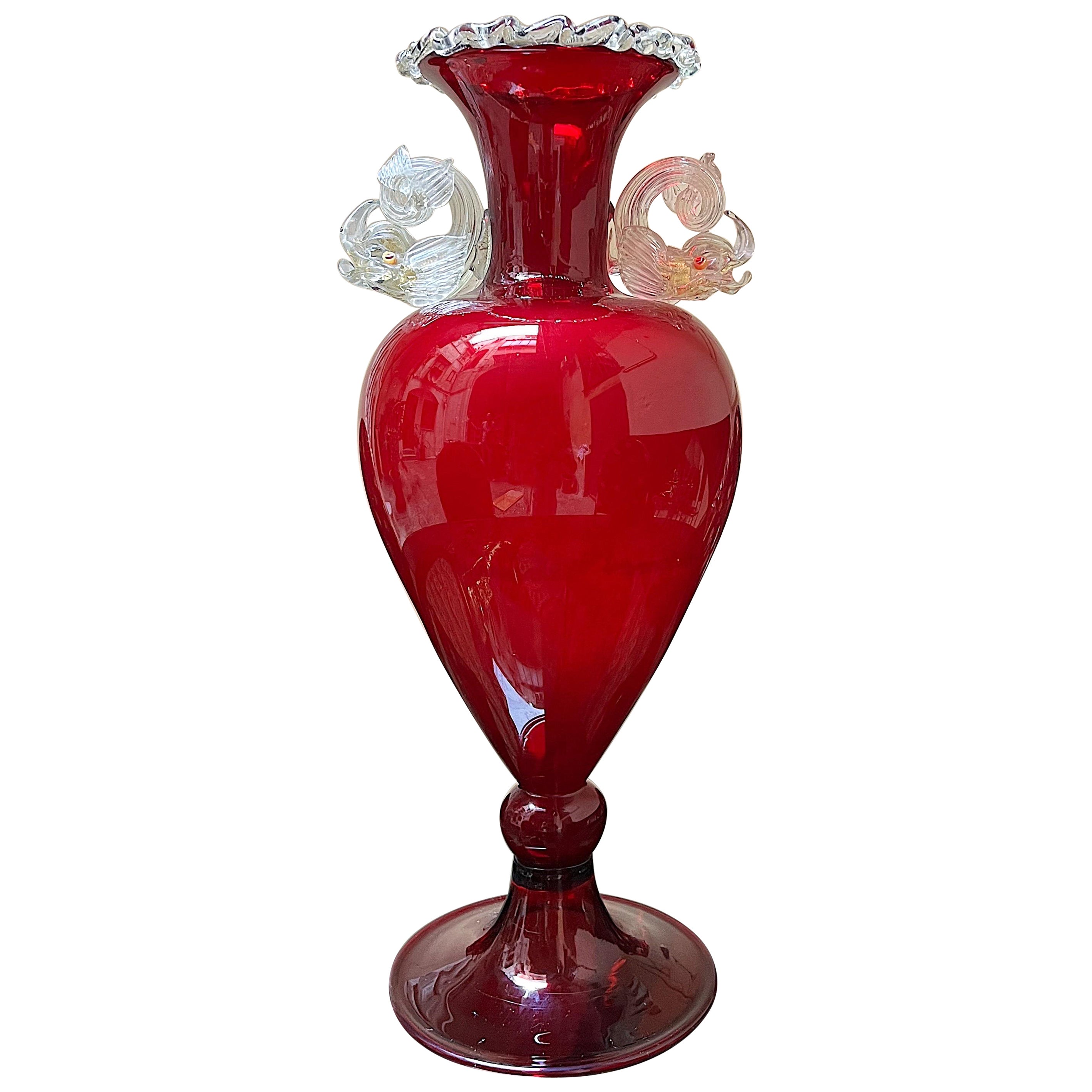 Large Salviati Murano Venetian Hand Blown Red and Gold Fish Vase For Sale