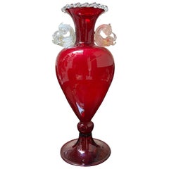 Antique Large Salviati Murano Venetian Hand Blown Red and Gold Fish Vase